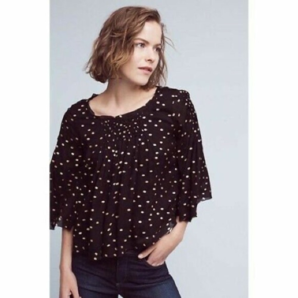 NWOT Anthropologie Floreat Black Gold Oval Polka Dot Bell Sleeve Blouse - M